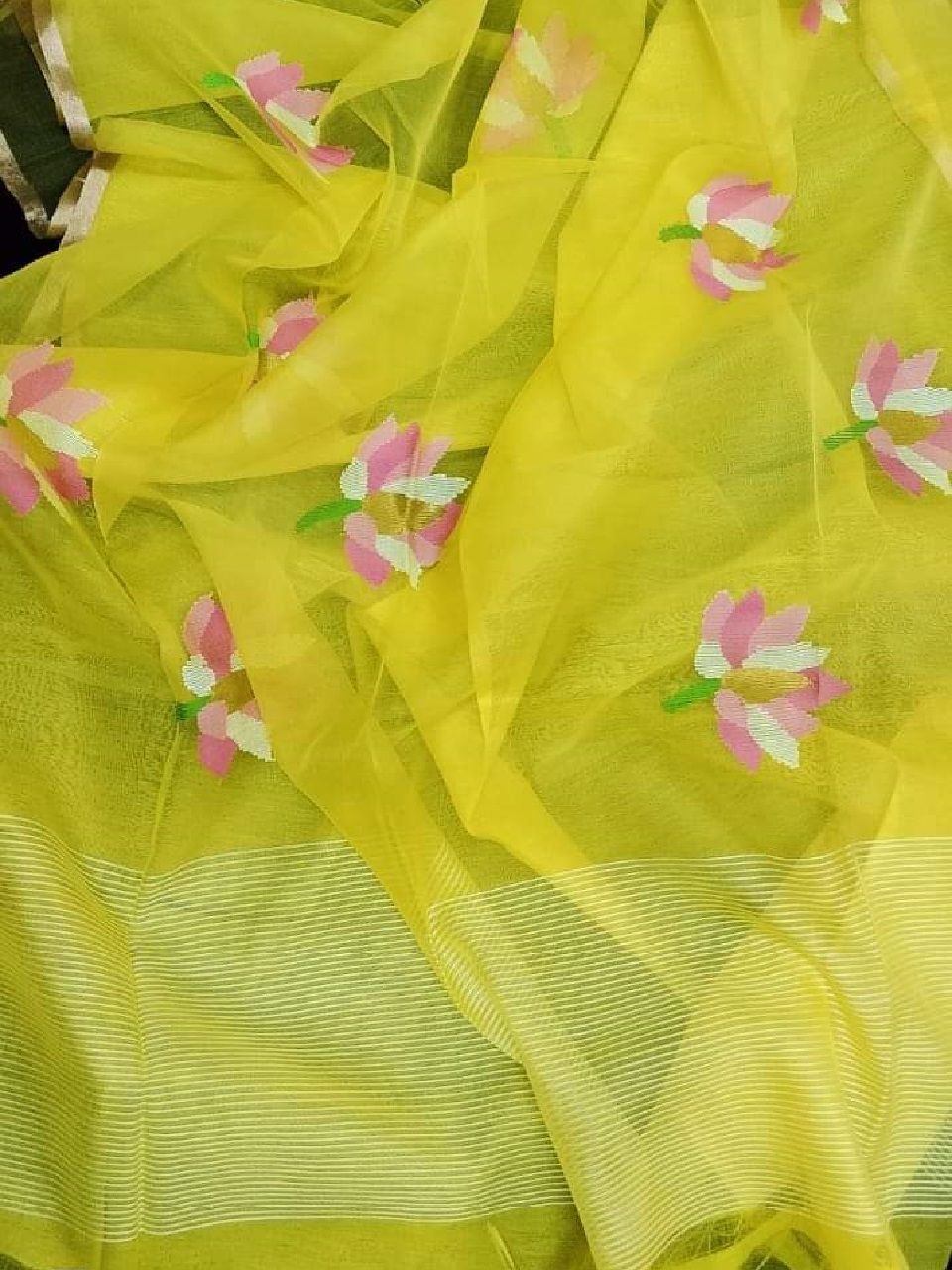Tender Yellow Resham Jamdani Handwoven Saree With Lotus Design
