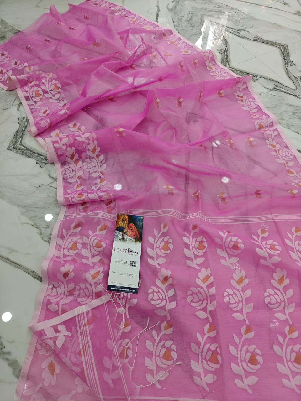 Baby Pink Resham Rose Muslin Saree With Blouse Piece