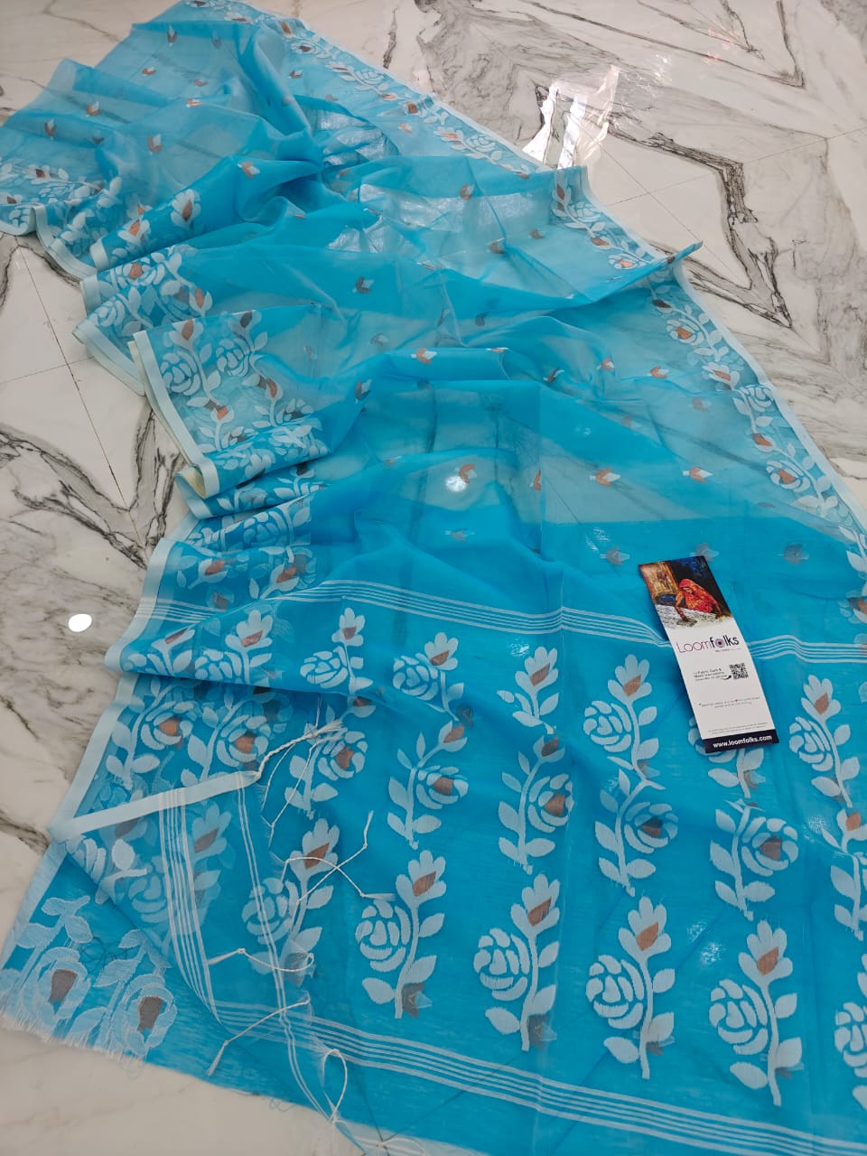 Beautiful Blue Resham Rose Muslin Saree With Blouse Piece