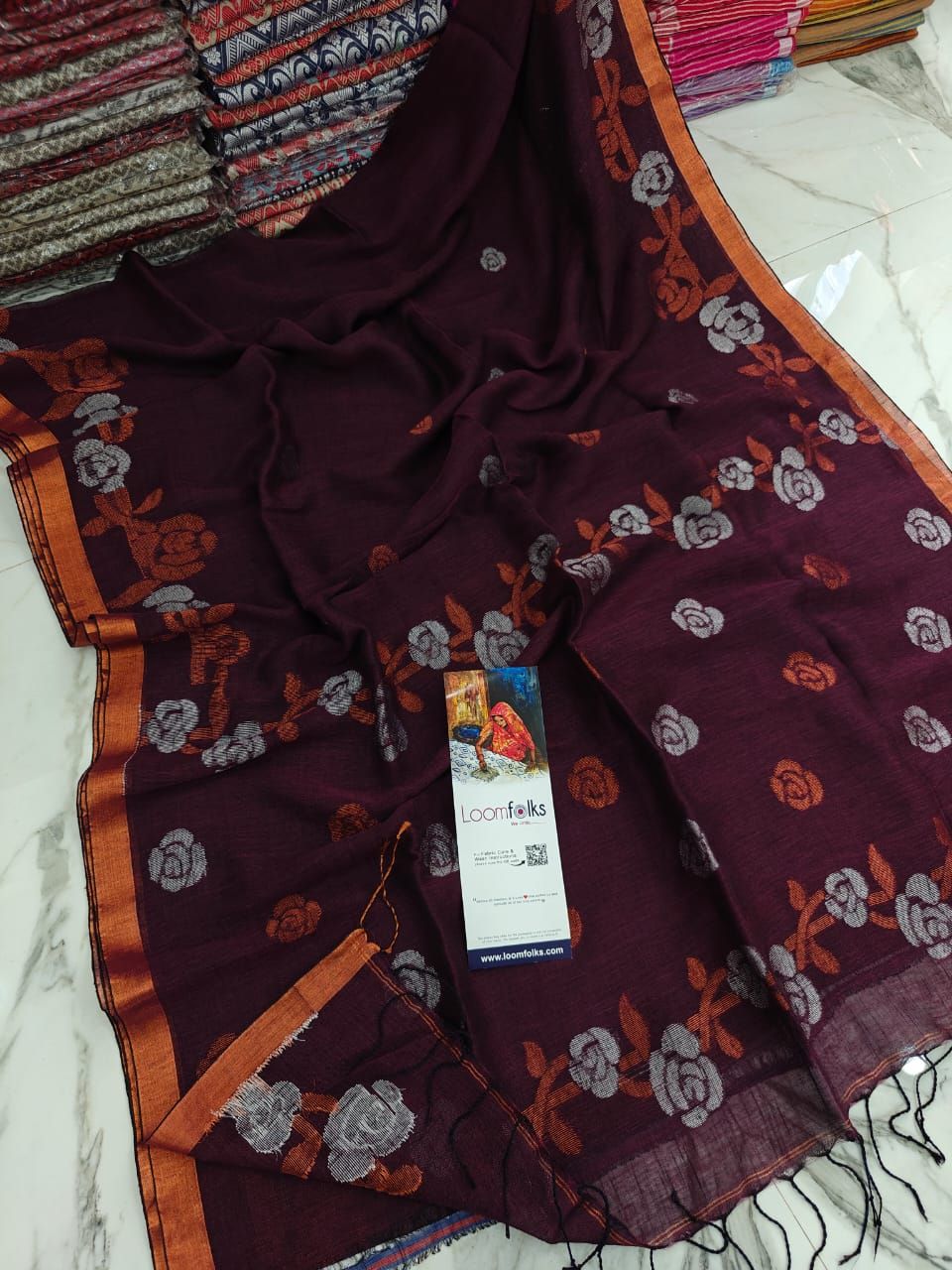 Beautiful Maroon Floral Linen Jamdani Saree With Running Blouse