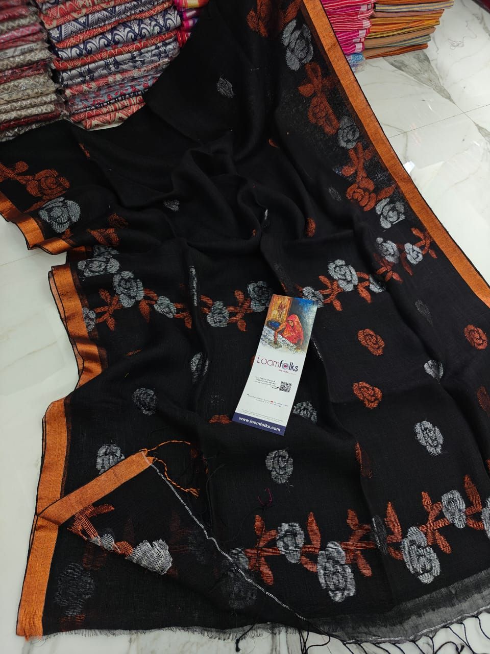 Black Floral Linen Jamdani Saree With Running Blouse