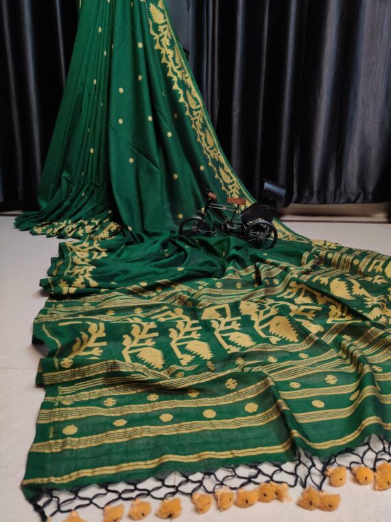 Bottle Green Exclusive Mul Cotton Jamdani Saree