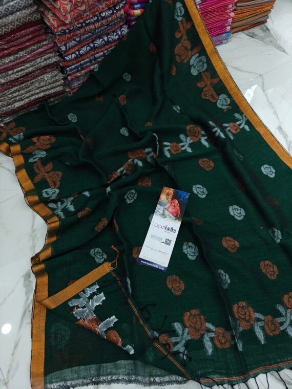 Bottle Green Floral Linen Jamdani Saree With Running Blouse
