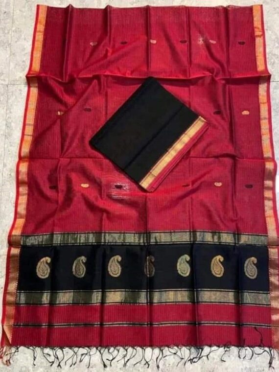 Brick Red Black Cotton Silk Saree With Thin Borders