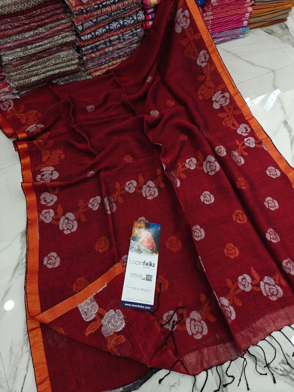 Brick Red Floral Linen Jamdani Saree With Running Blouse