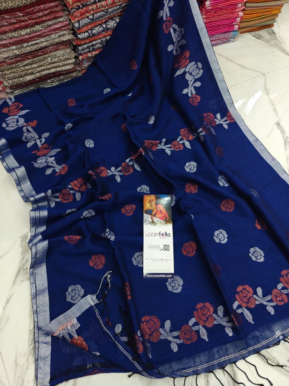 Dark Blue Floral Linen Jamdani Saree With Running Blouse