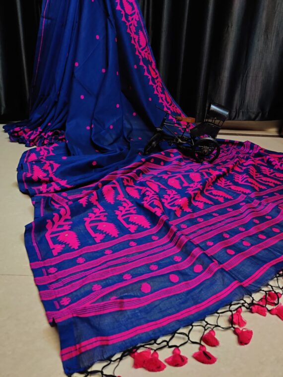Dark Blue Pink Exclusive Mul Cotton Jamdani Saree