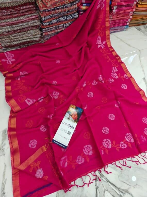 Dark Pink Floral Linen Jamdani Saree With Running Blouse
