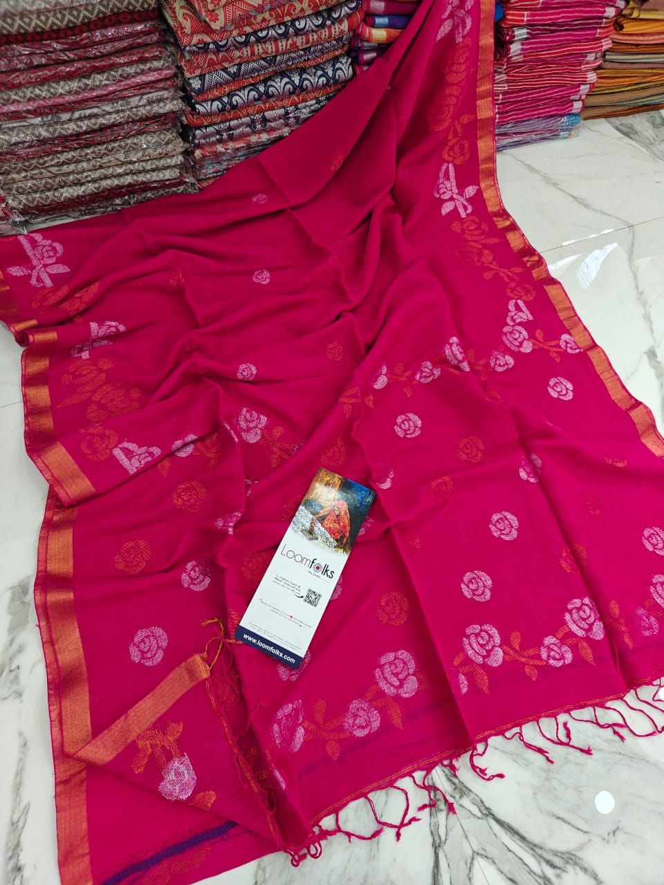 Dark Pink Floral Linen Jamdani Saree With Running Blouse