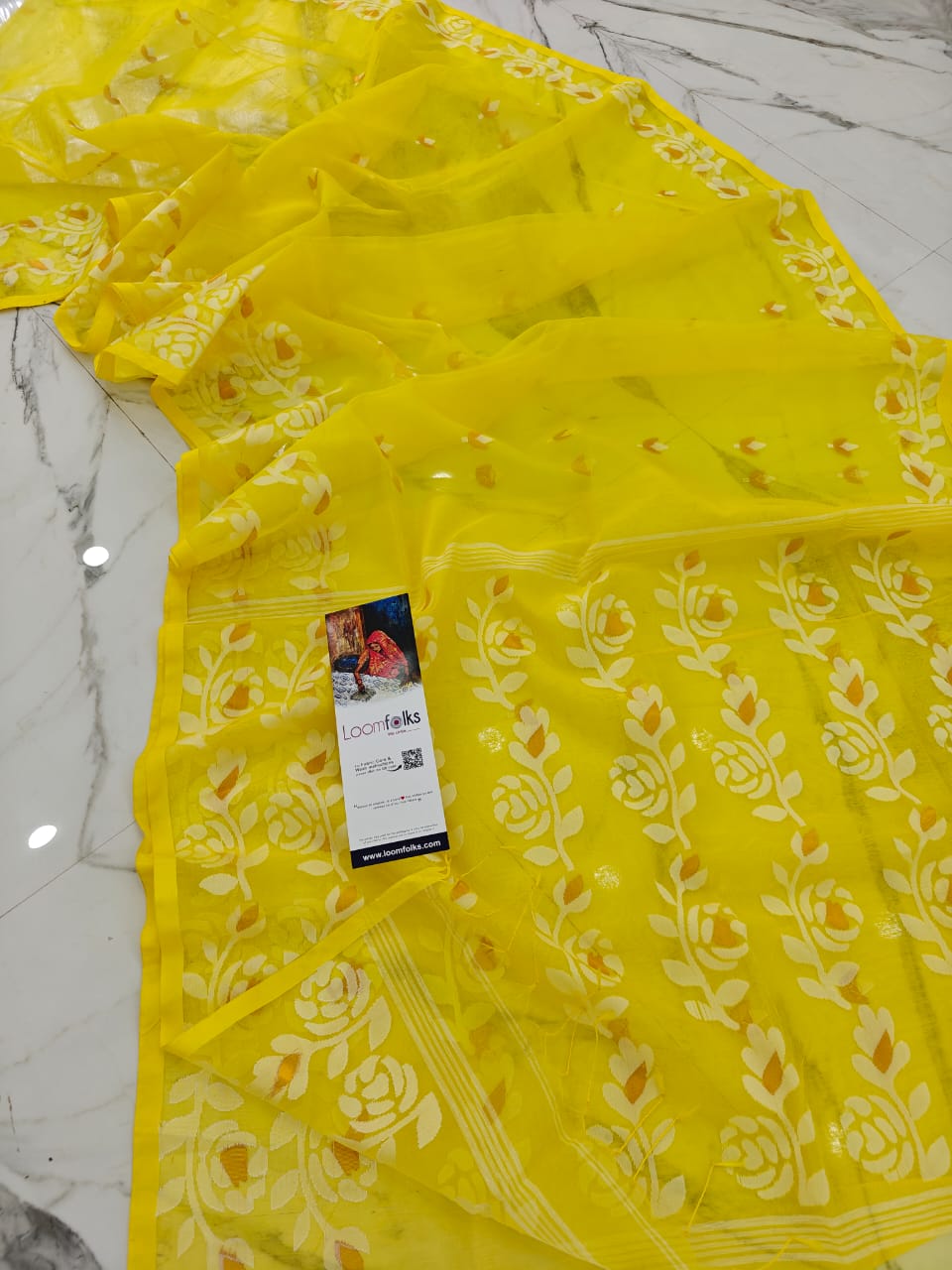 Divine Yellow Resham Rose Muslin Saree With Blouse Piece