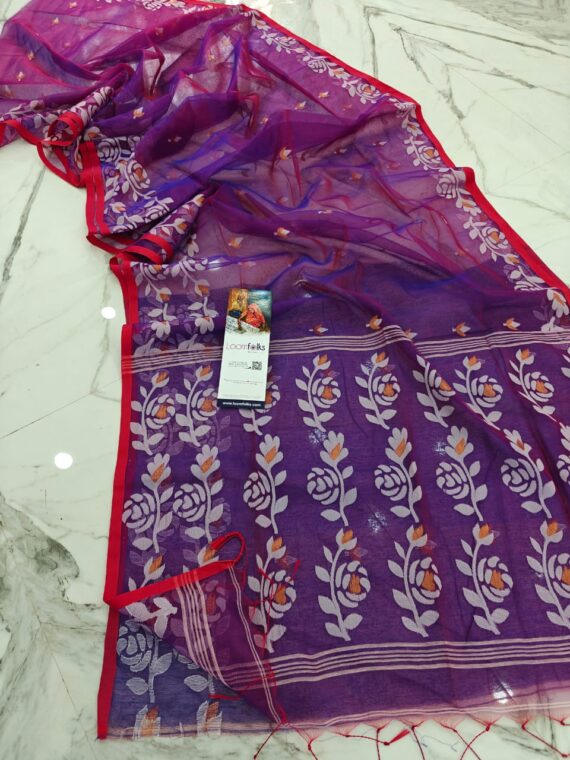 Dual Tone Red Blue Resham Rose Muslin Saree With Blouse Piece