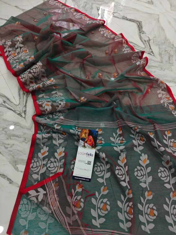 Dual Tone Red Green Resham Rose Muslin Saree With Blouse Piece