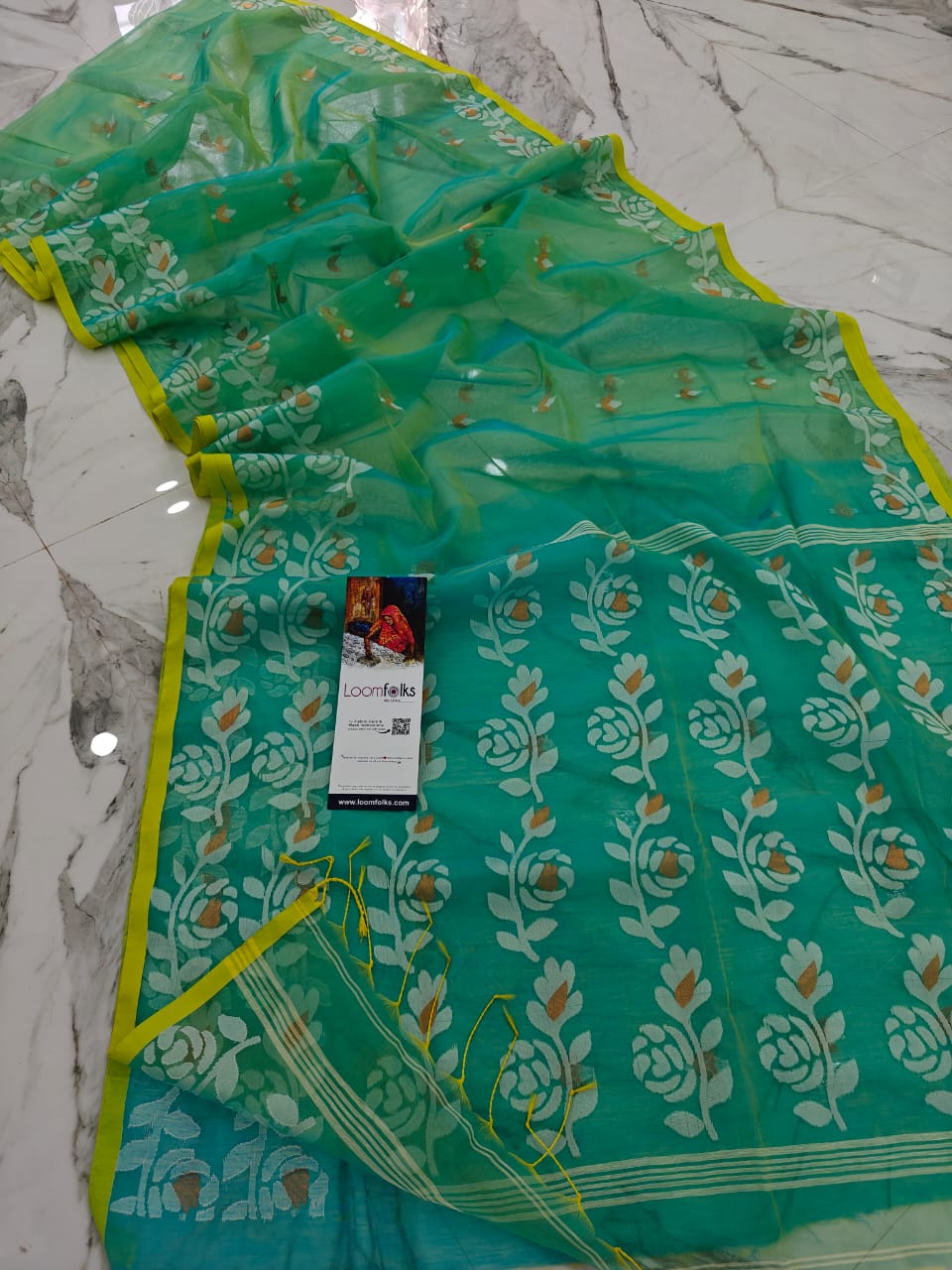 Dual Tone Yellow Blue Resham Rose Muslin Saree With Blouse Piece