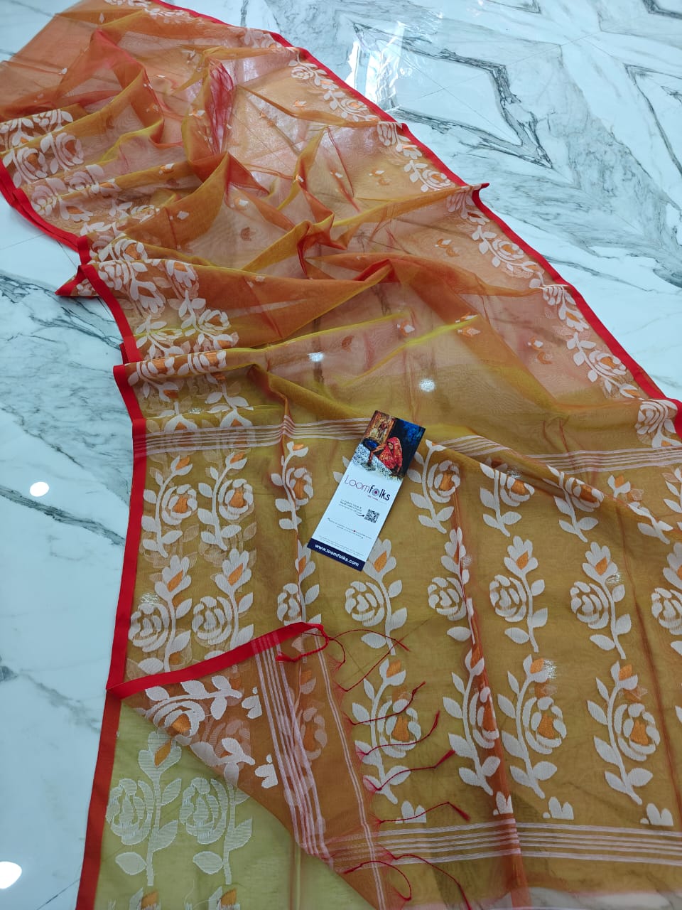Dual Tone Yellow Red Resham Rose Muslin Saree With Blouse Piece