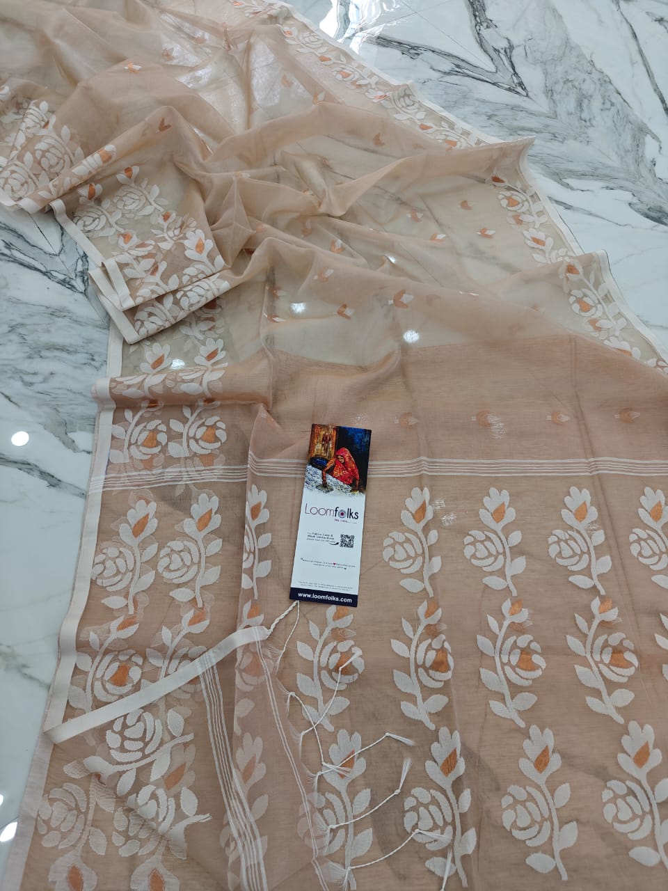Gentle Cream Resham Rose Mulin Saree With Blouse Piece
