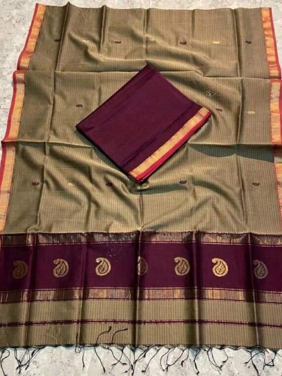 Golden Beige Maroon Cotton Silk Saree with Thin Border