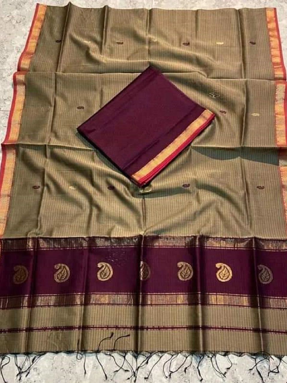 Golden Beige Maroon Cotton Silk Saree with Thin Border