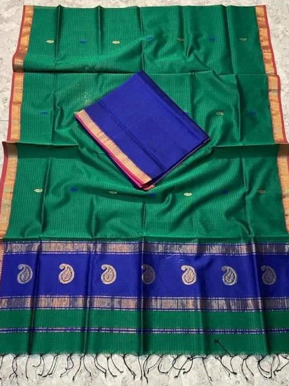 Green Blue Cotton Silk Saree With Thin Borders