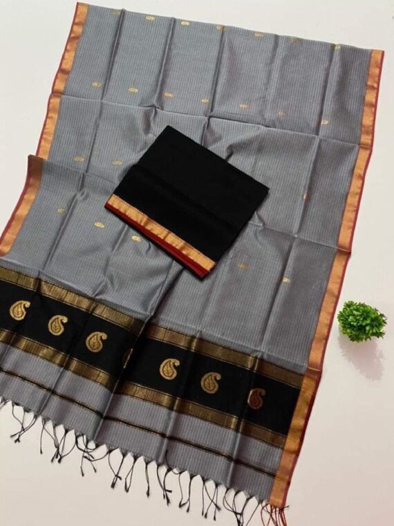 Grey Black Cotton Silk Saree With Thin Borders