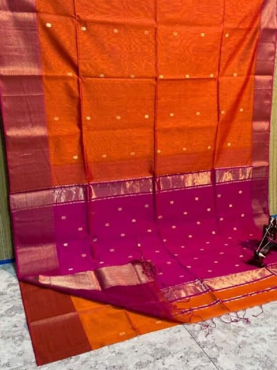 Lovely Orange Pink Cotton Silk Saree For Festive Occassion