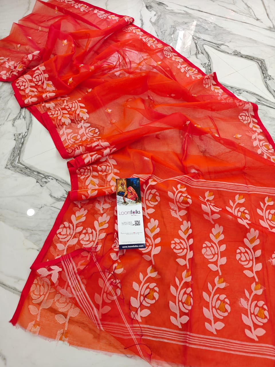 Lovely Orange Resham Rose Mulin Saree With Blouse Piece