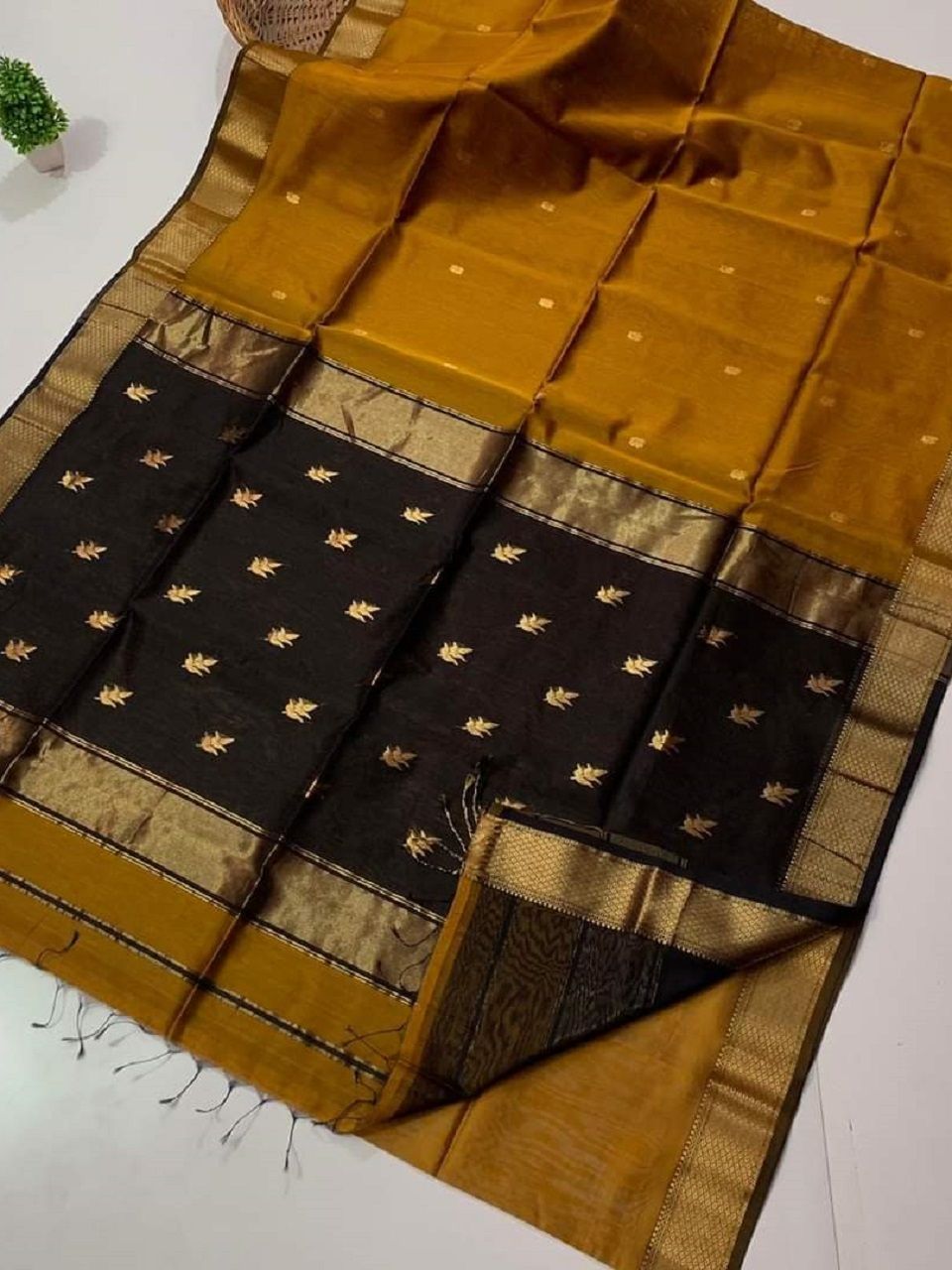 Mustard Yellow Brown Cotton Silk Saree For All Occassion