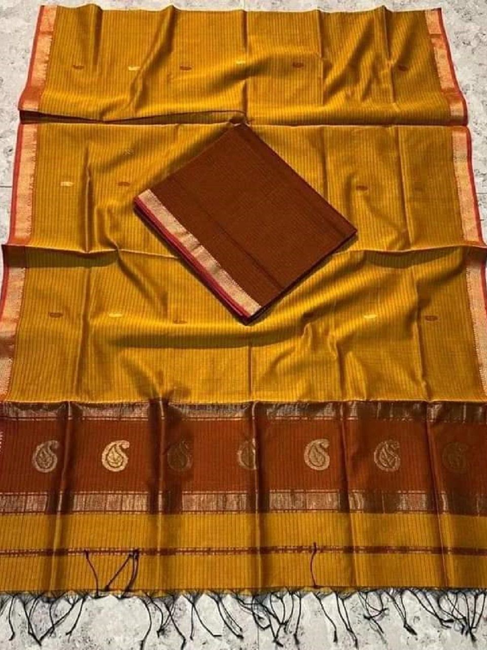 Mustard Yellow Brown Cotton Silk Saree With Thin Borders