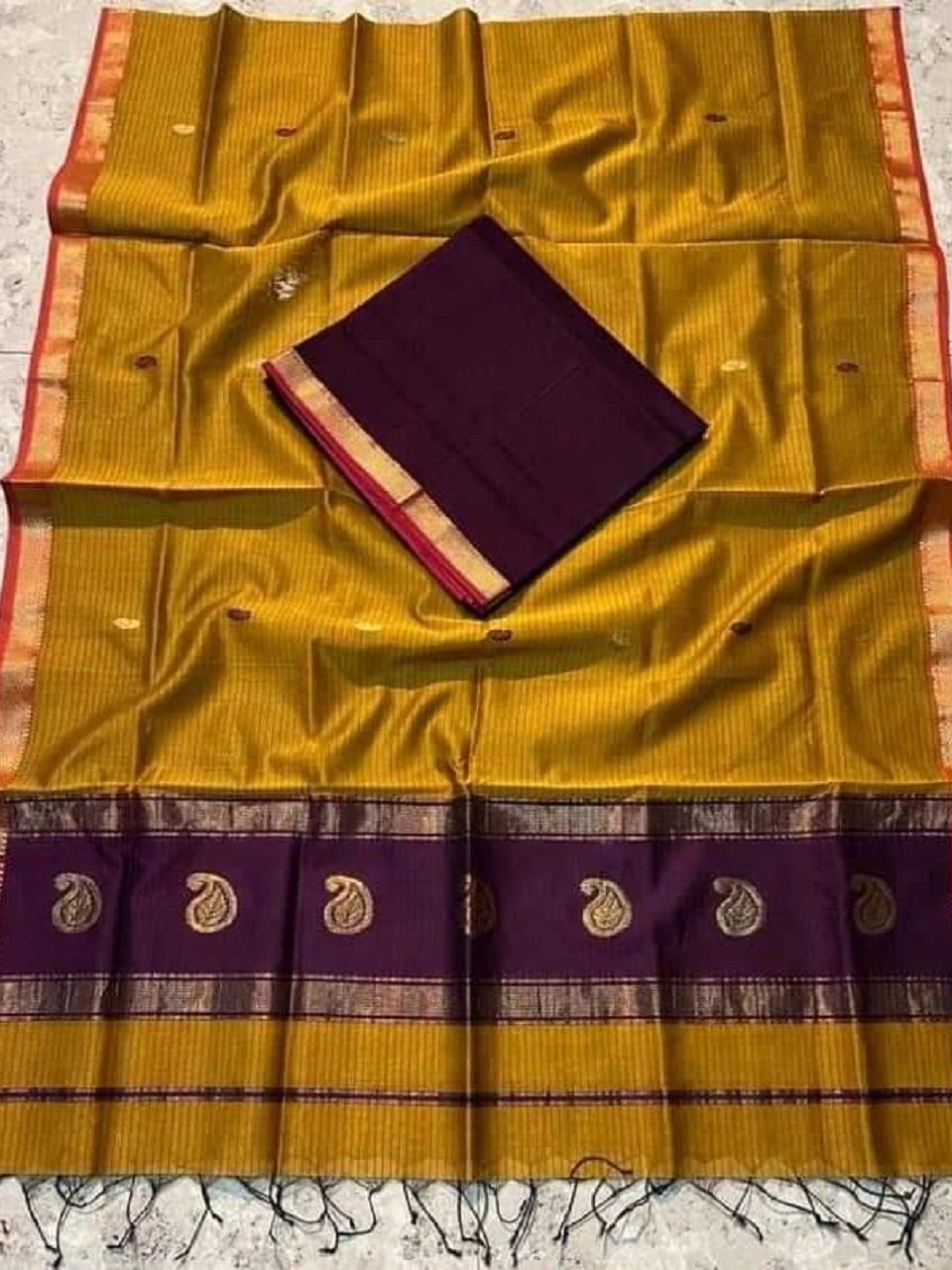 Mustard Yellow Burgundy Maroon Cotton Silk Saree With Thin Borders