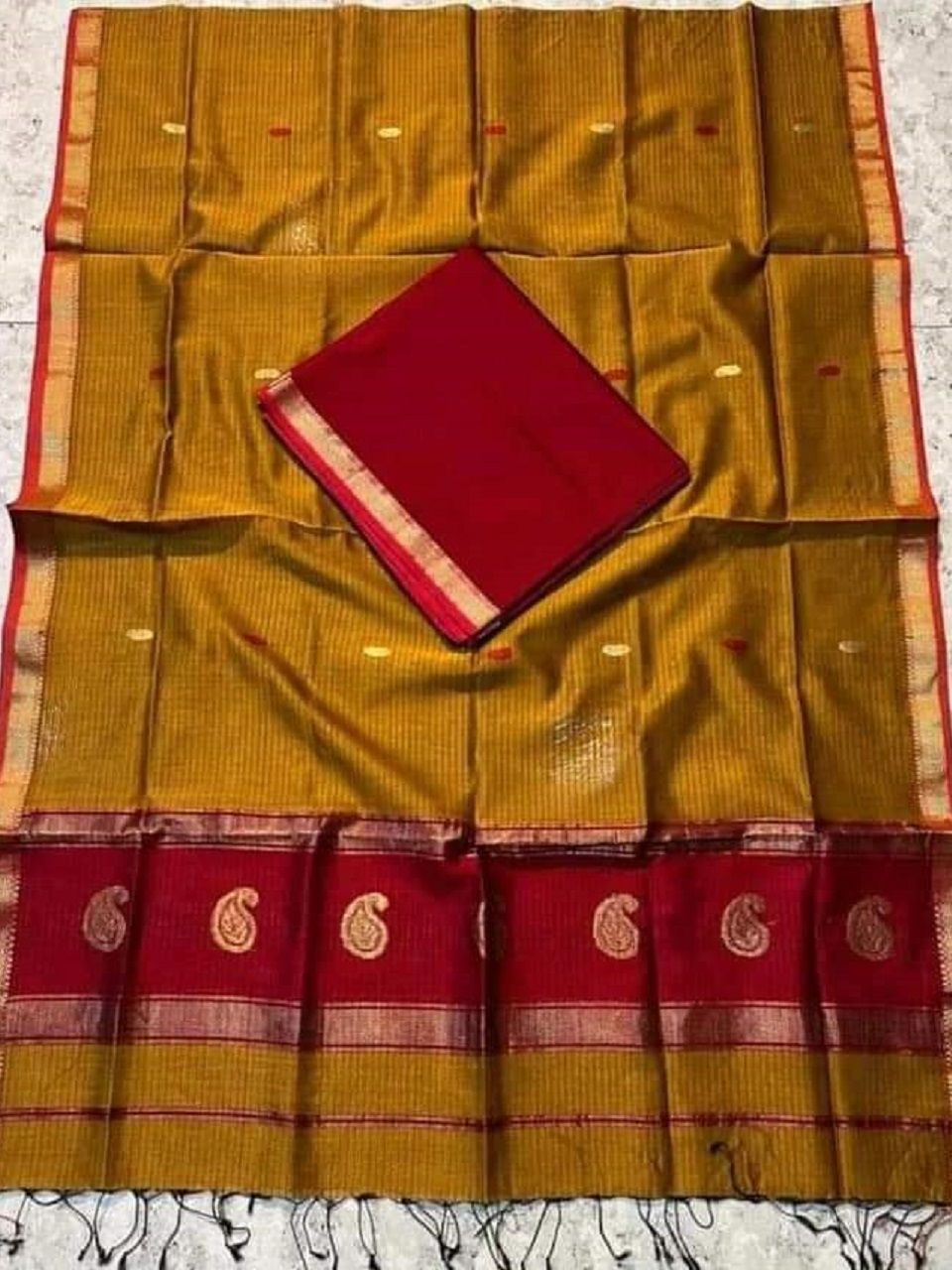 Mustard Yellow Red Cotton Silk Saree With Thin Borders