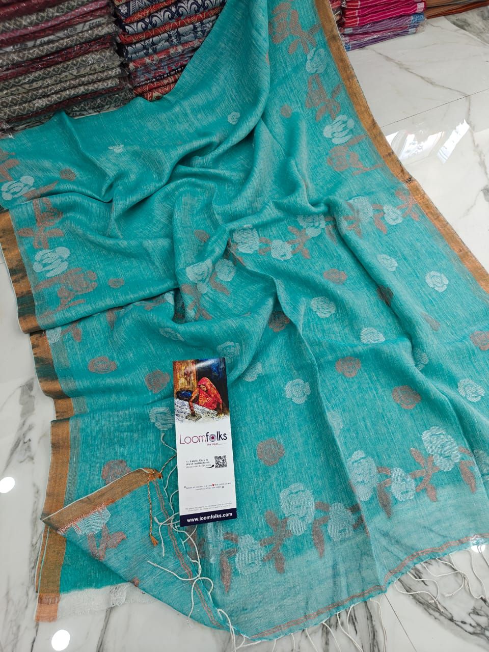 Ocean Blue Floral Linen Jamdani Saree With Running Blouse