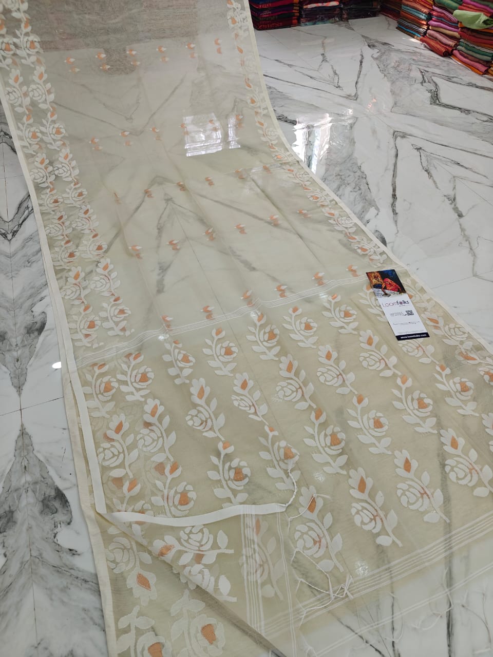 OffWhite Resham Rose Muslin Saree With Blouse Piece