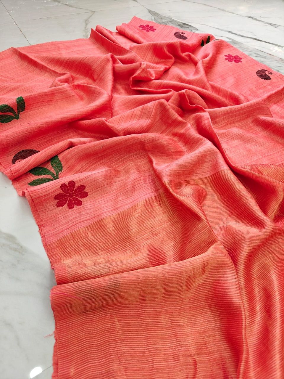 Peach Orange Plain Pure Matka Silk Saree With Artistic Border