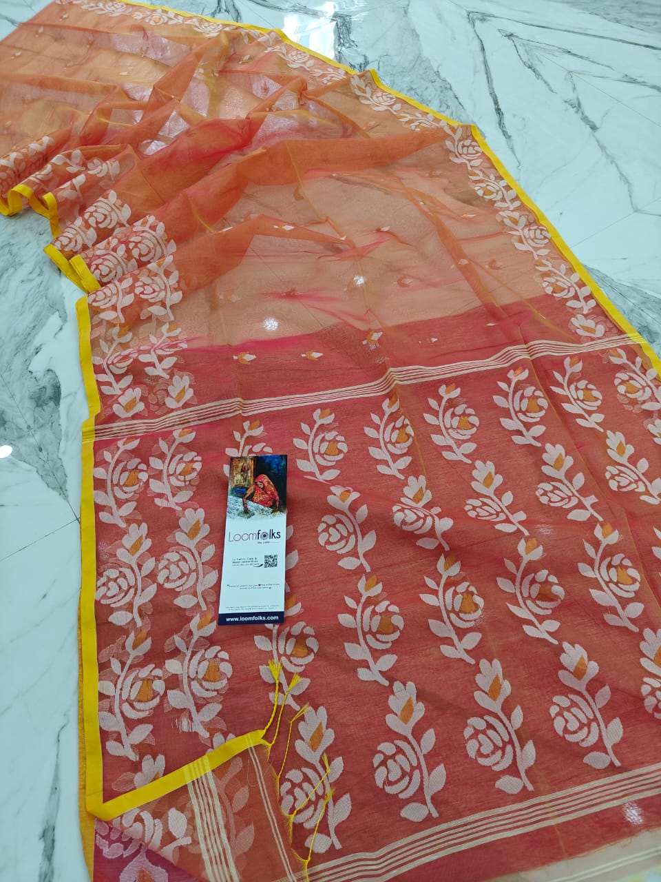 Peach Yellow Resham Rose Muslin Saree With Blouse Piece