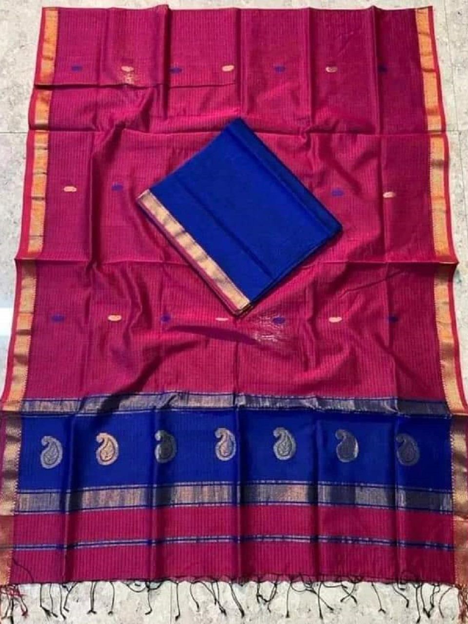 Pink Blue Cotton Silk Saree With Thin Borders