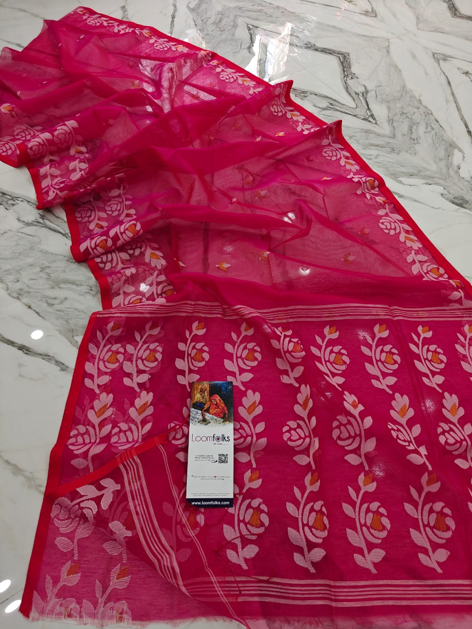 Pretty Pink Resham Rose Mulin Saree With Blouse Piece