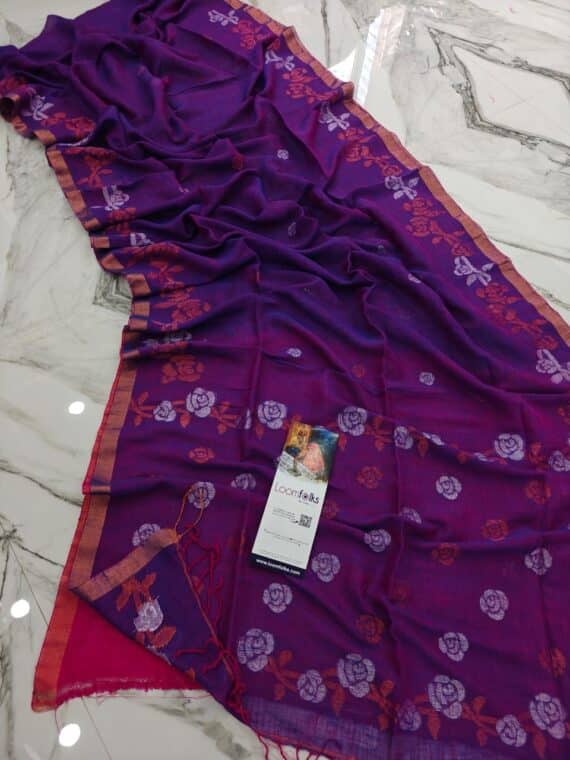 Purple Floral Linen Jamdani Saree With Running Blouse