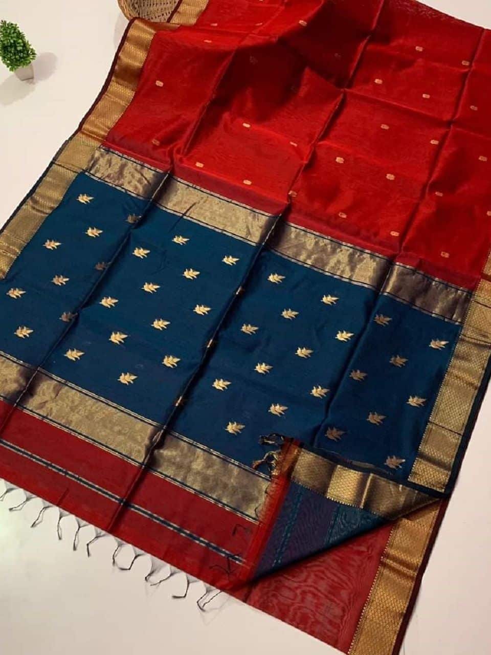 Red Blue Cotton Silk Saree For All Occassion