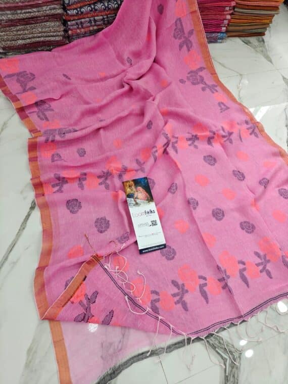Rosy Pink Floral Linen Jamdani Saree With Running Blouse