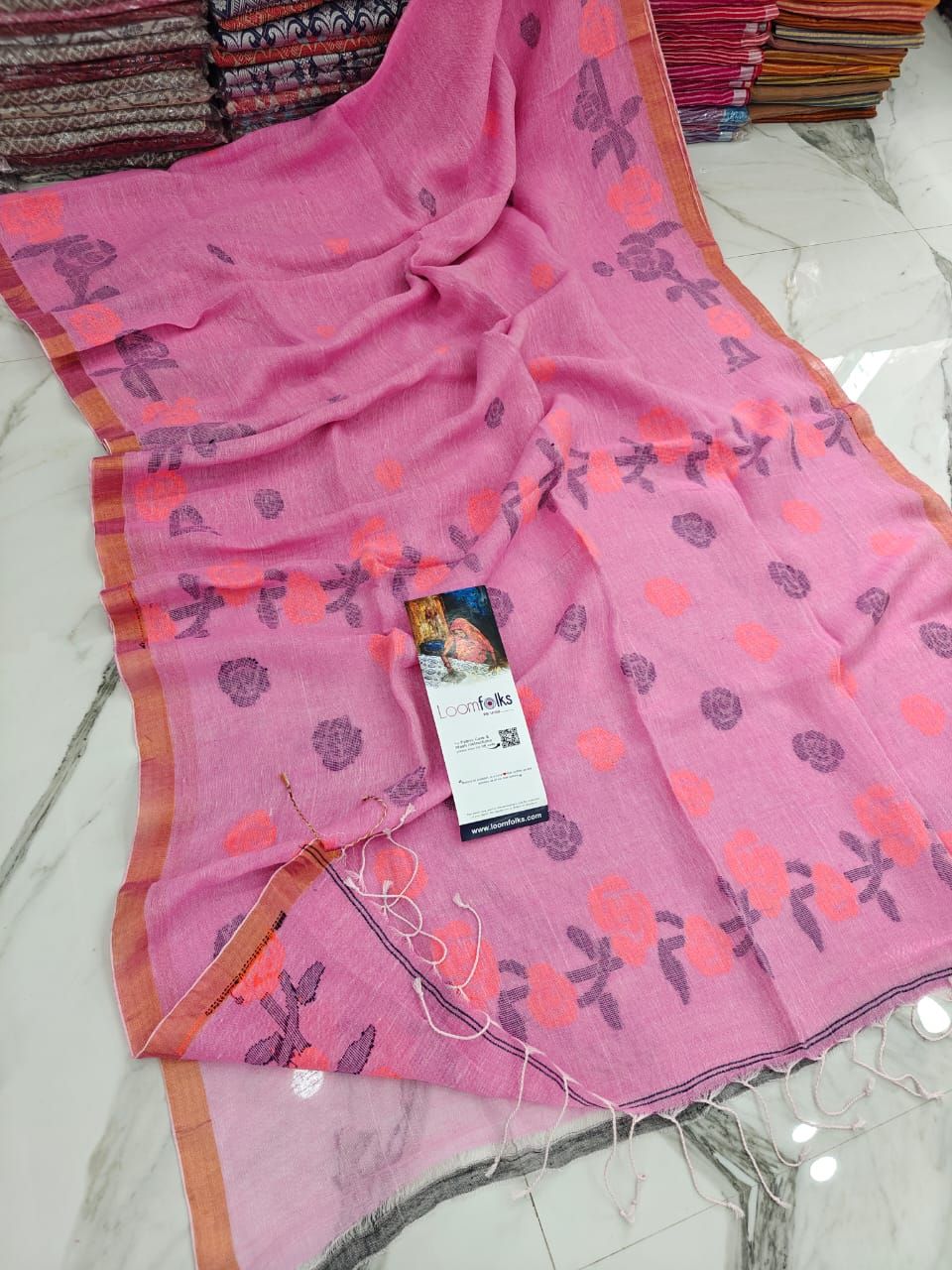 Rosy Pink Floral Linen Jamdani Saree With Running Blouse