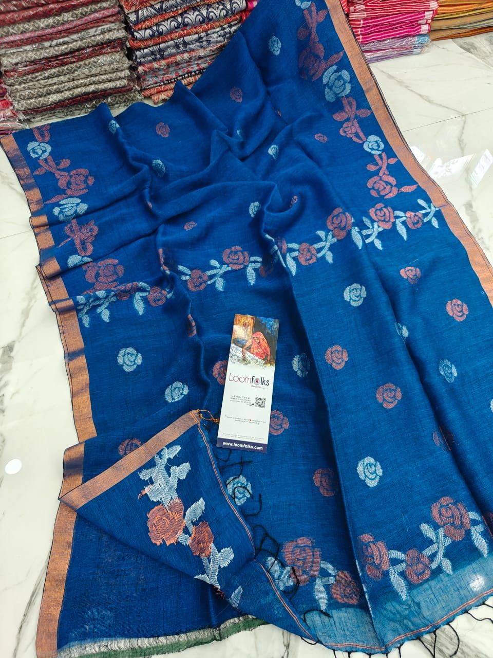 Royal Blue Floral Linen Jamdani Saree With Running Blouse