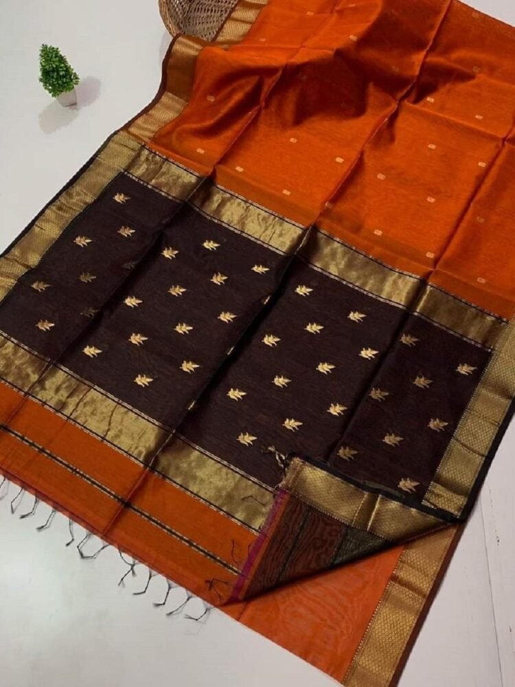 Rust Orange Color Half Tussar Differnt Pallu Design Saree With Contrast Matching Blouse