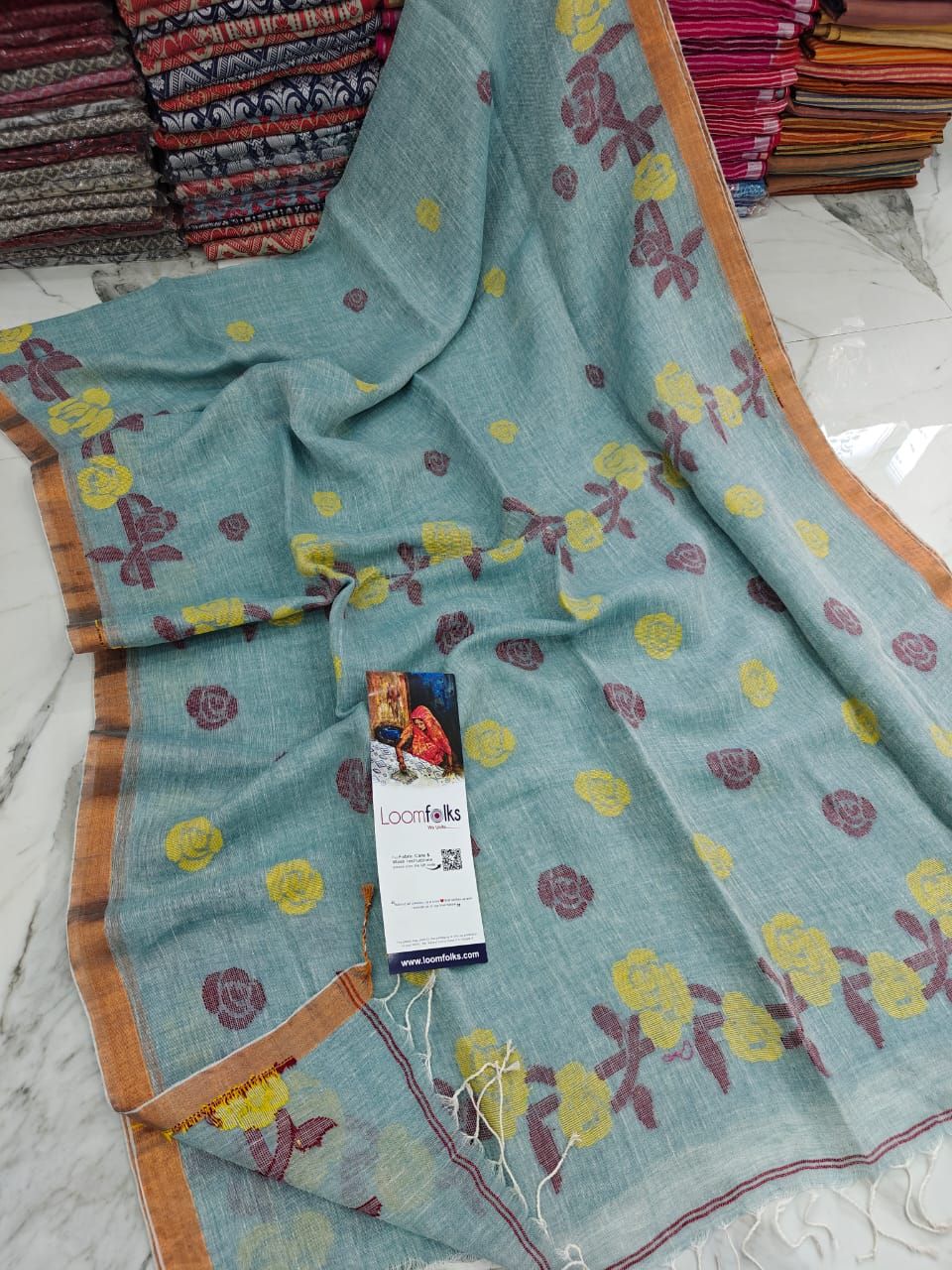 Sage Blue Floral Linen Jamdani Saree With Running Blouse
