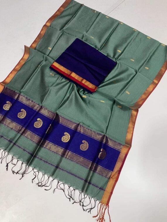 Sage Green Blue Cotton Silk Saree With Thin Borders