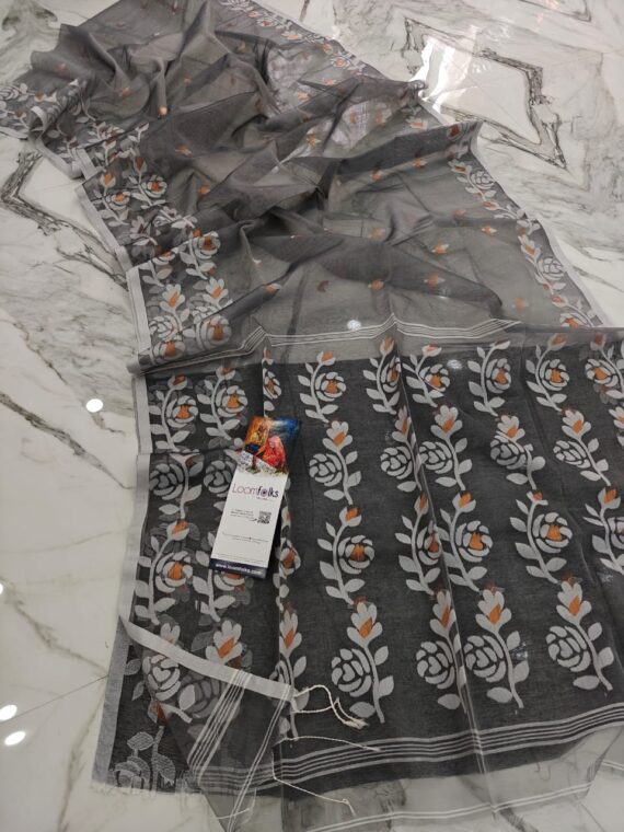 Splendid Grey Resham Rose Muslin Saree With Blouse Piece