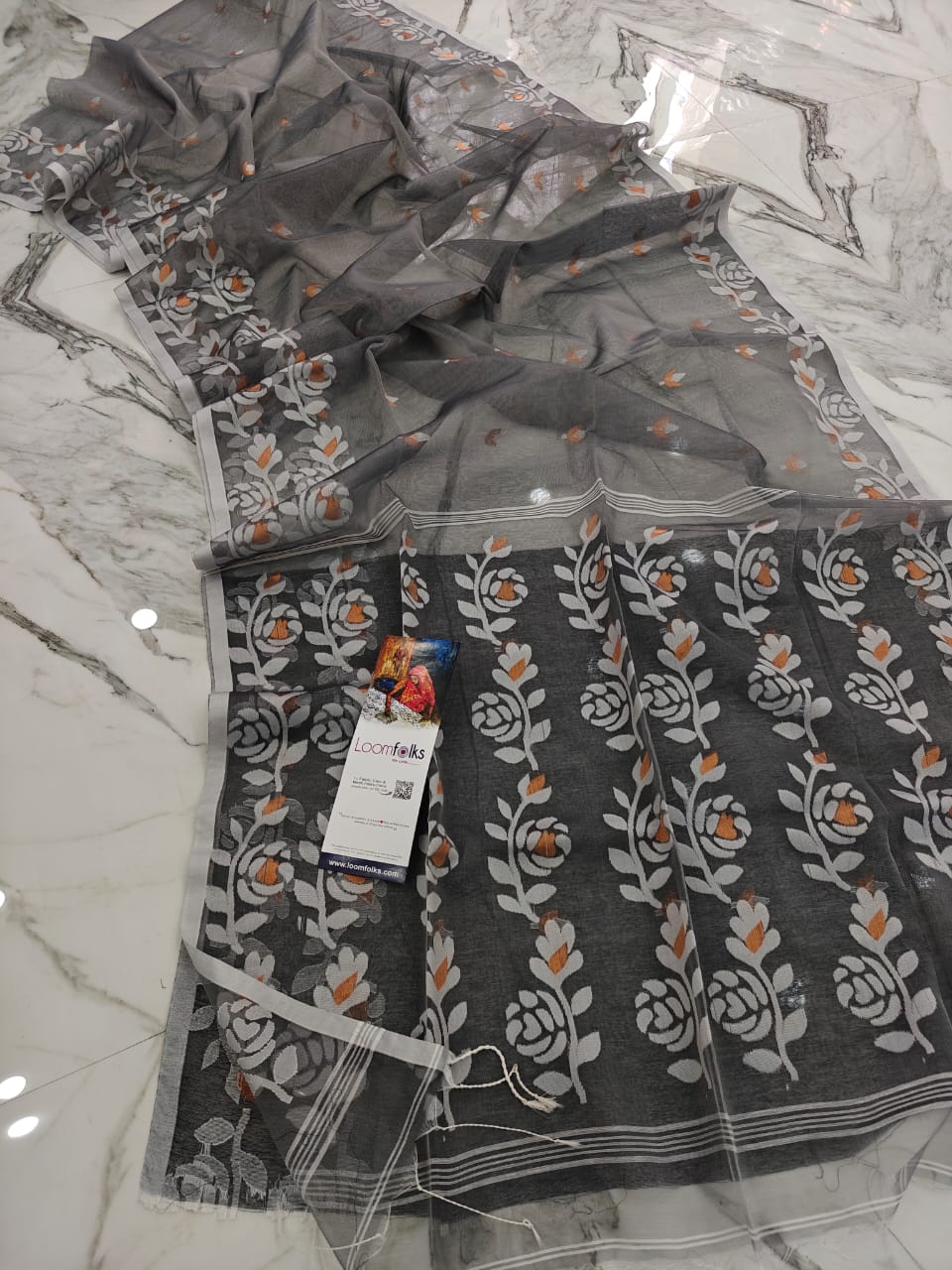 Splendid Grey Resham Rose Muslin Saree With Blouse Piece