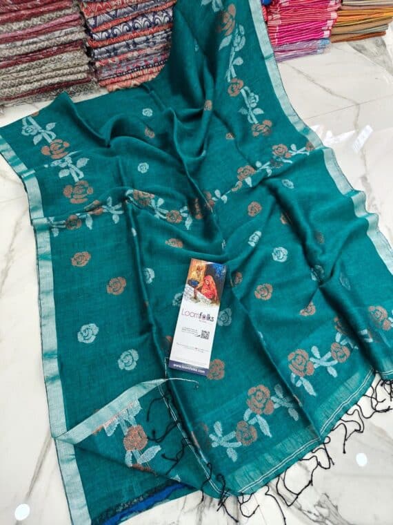 Teal Blue Floral Linen Jamdani Saree With Running Blouse