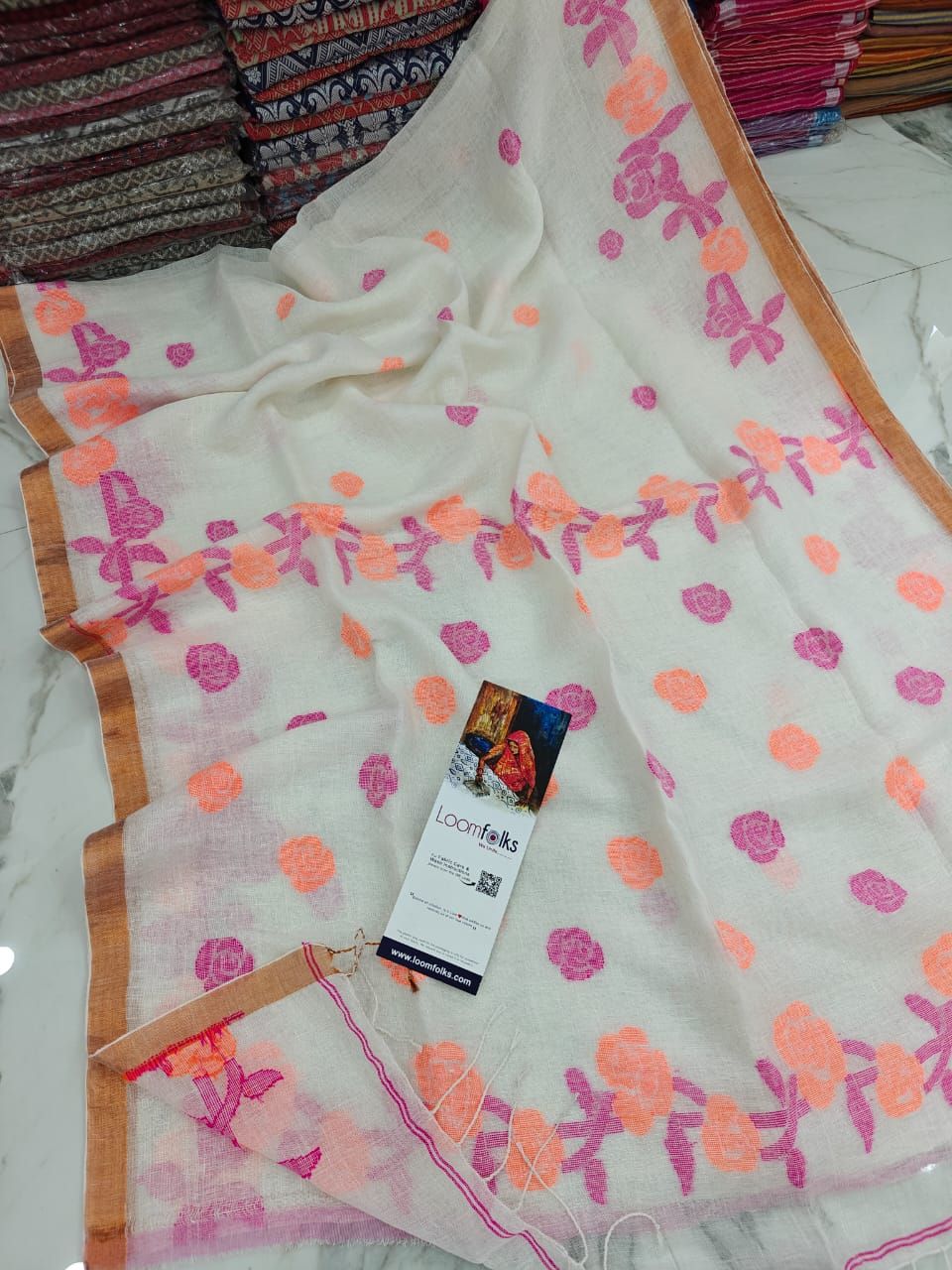 White Floral Linen Jamdani Saree With Running Blouse