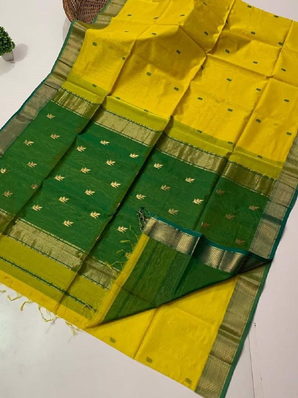 Yellow Green Cotton Silk Saree For All Occassion