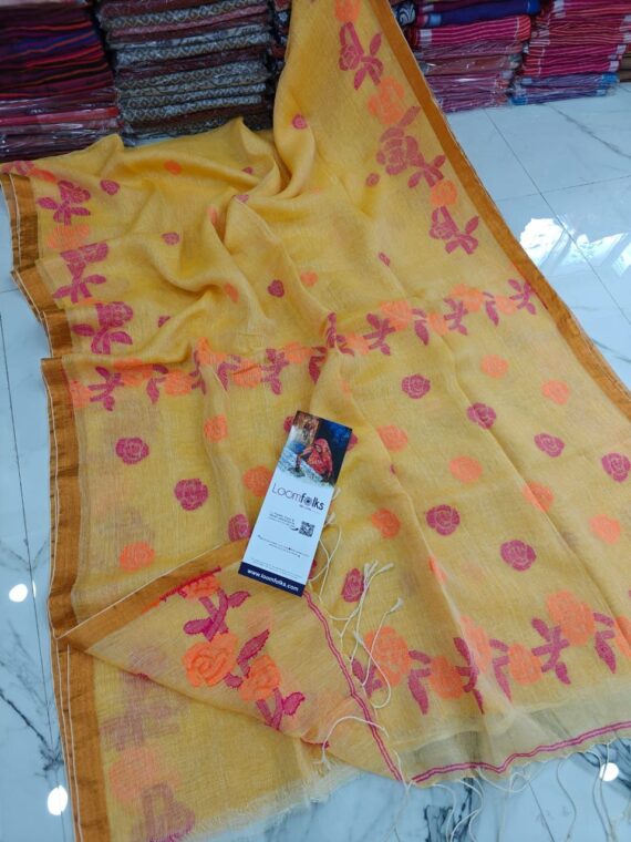 Yellow Linen Jamdani Saree With Running Blouse