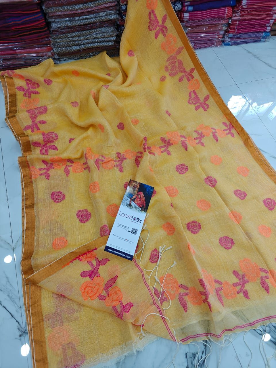 Yellow Linen Jamdani Saree With Running Blouse